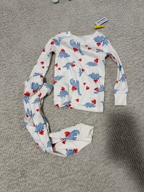Old Navy White Pajama Set with Blue Dinosaurs and Red Hearts